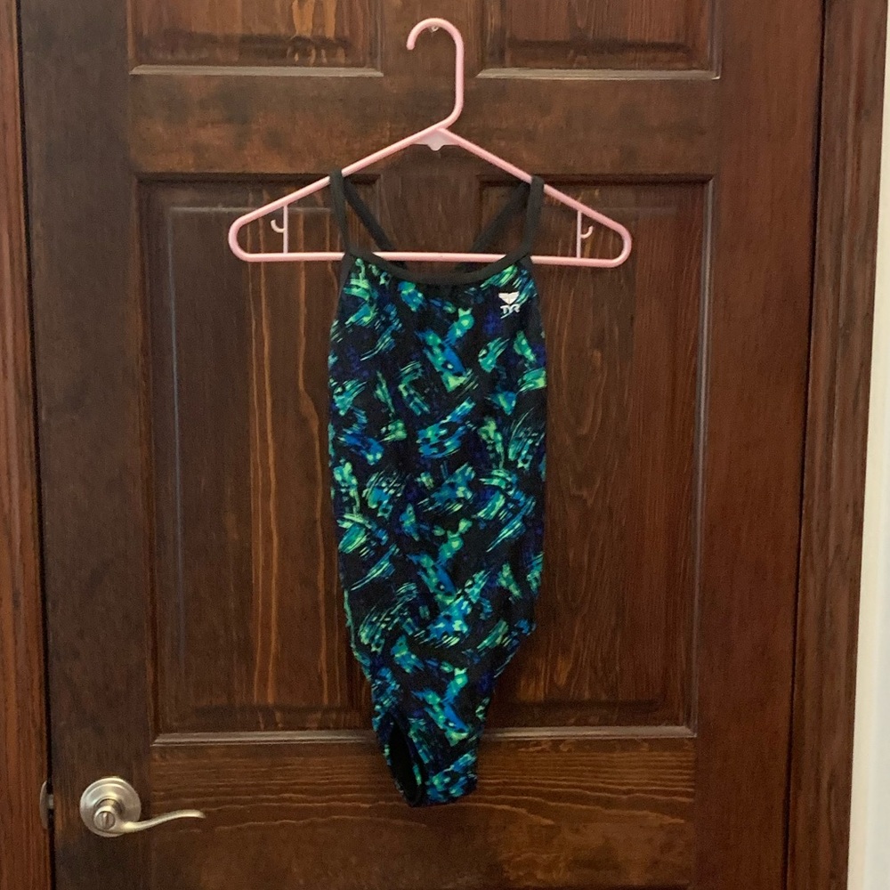 blue and green tyr practice suit